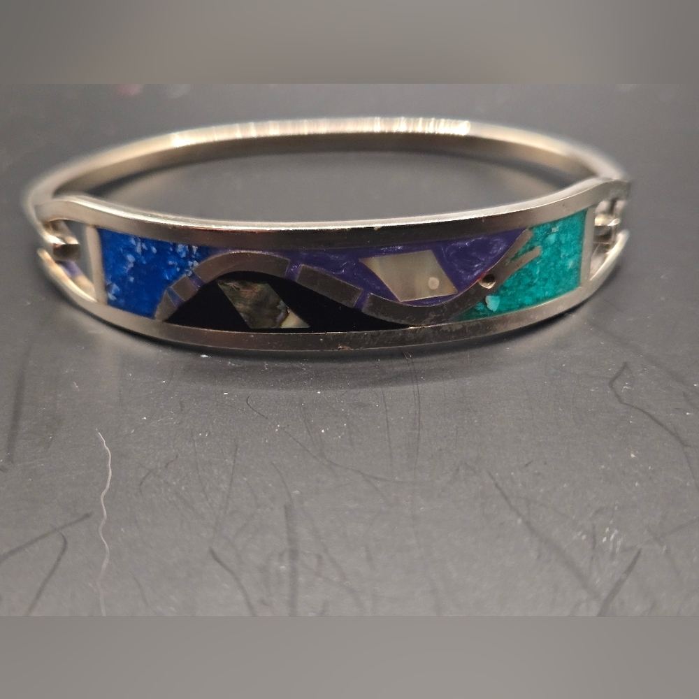 Sterling Silver Mosaic Stone Inlay Hinged Bangle Bracelet Southwestern